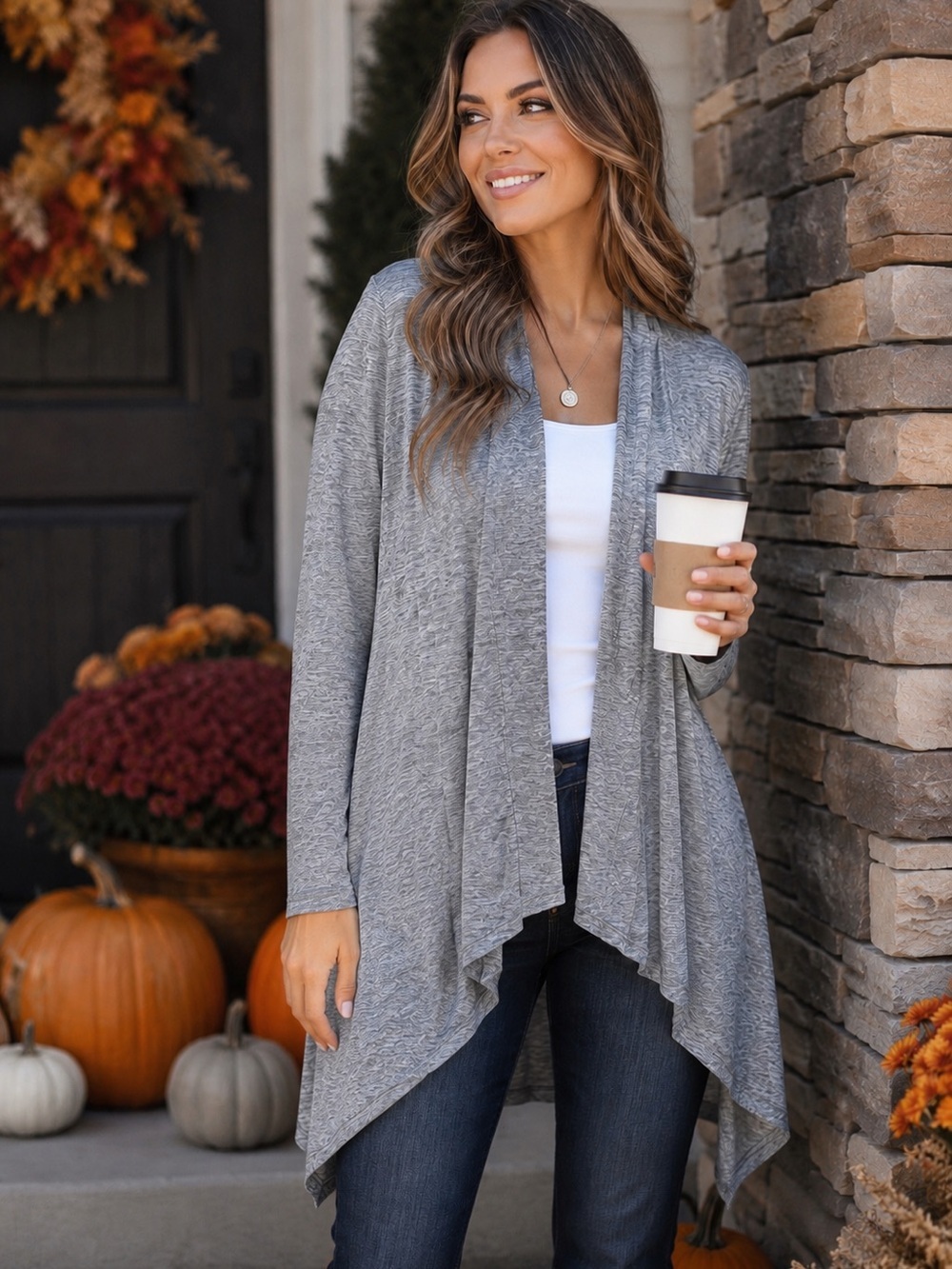 Azules Gray Open Front Duster Cardigan Waterfall Hem Lightweight Made in USA M